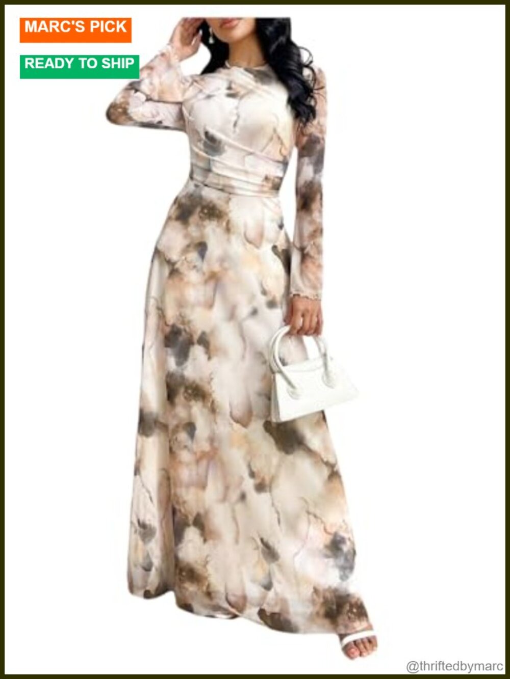 Women's Mesh Long Sleeve Formal Wedding Guest Maxi Dress A-Line High Waist